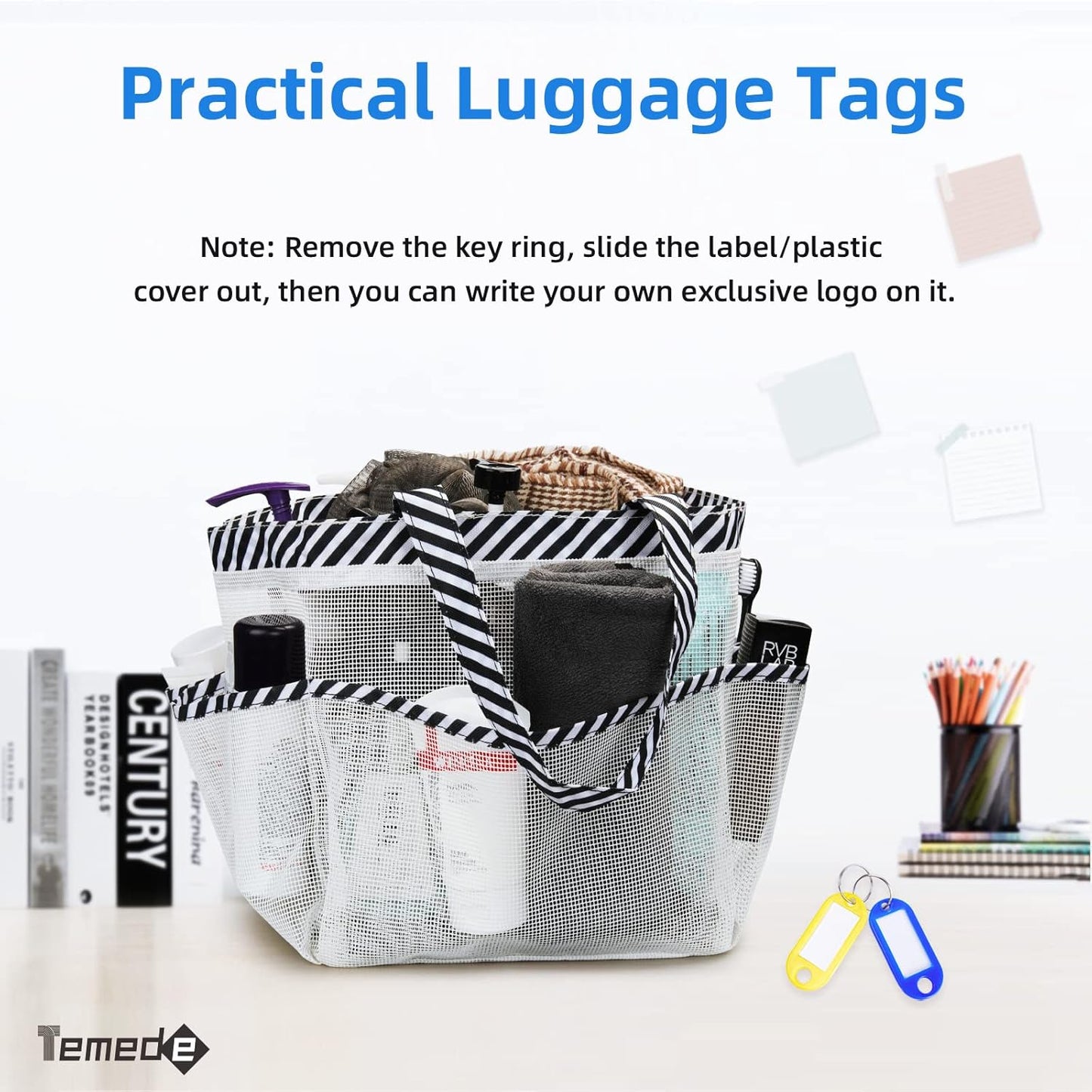 Temede Mesh Shower Caddy Portable for College Dorm Room Essentials, Large Capacity Shower Caddy Basket with 8 Pockets, Quick Dry Shower Tote Bag for Beach, Gym, Bathroom, Camp, Travel-White