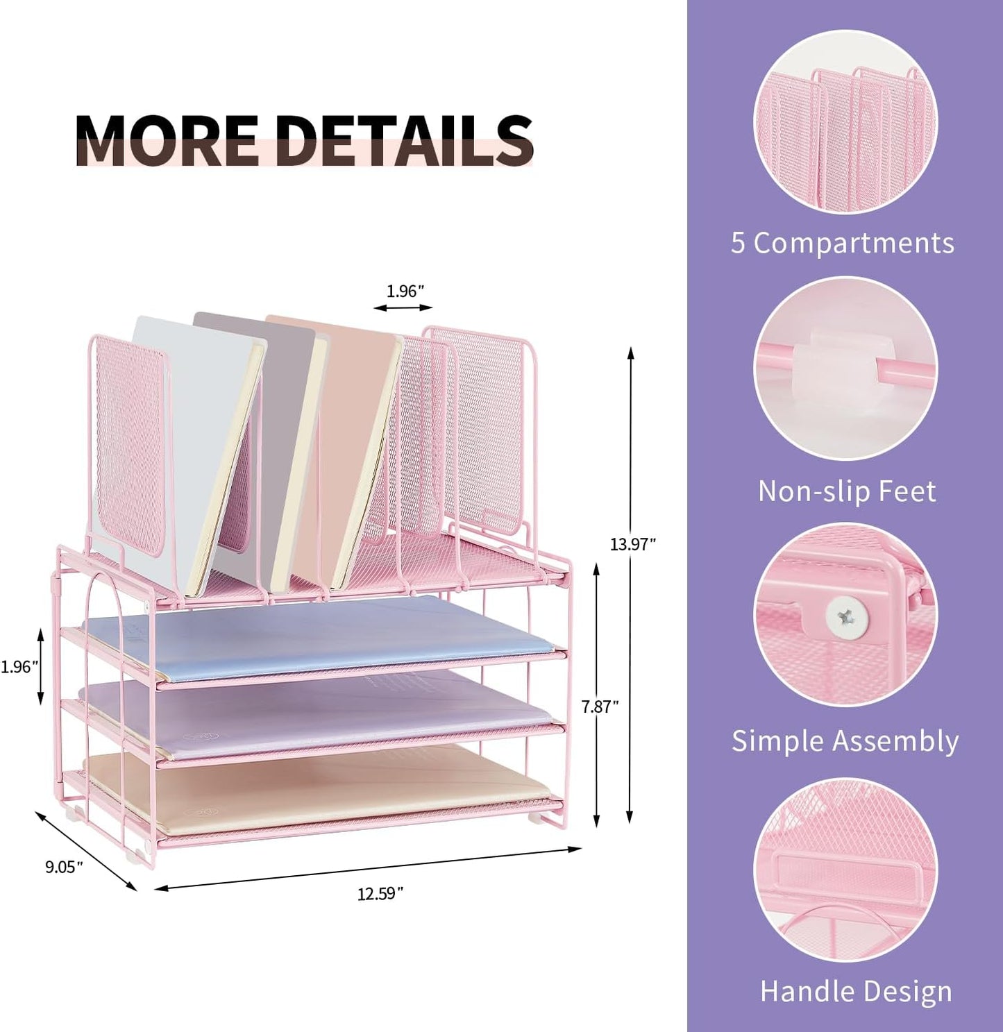 Desk Organizers and Accessories, 3-Tier Paper Organizer with 5 Vertical File Holders, File Organizer for Desk (Pink, 3T)