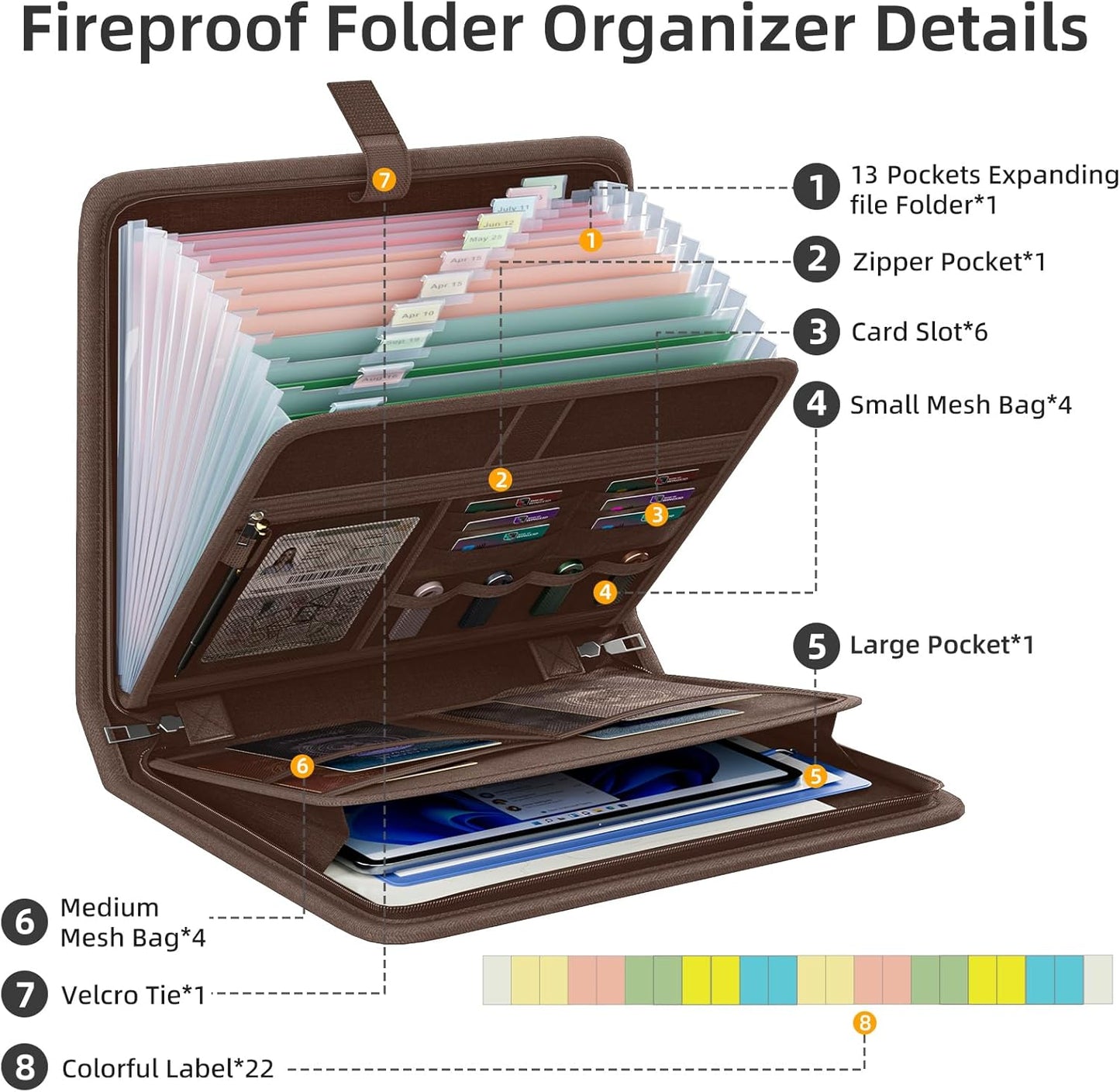 Fireproof Accordion File Organizer, Portable Expanding File Folder with Waterproof Zipper&Labels, Brown Document Organizer with 13 Pockets, File Organizer for Important Document/Paper Storage