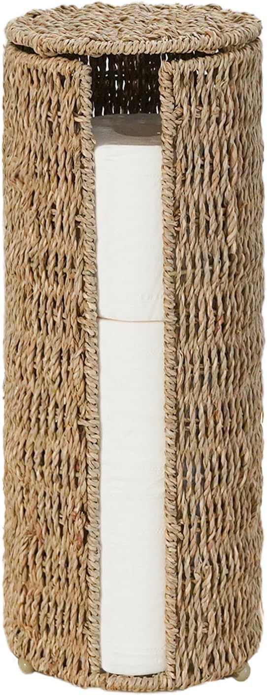 PINXIURY Seagrass Toilet Paper Holder with Storage, 3 Rolls of Wicker Toilet Paper Holder for Bathroom and Under Sink, Handmade Woven Toilet Paper Rolls Holder Stand