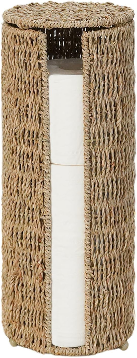 PINXIURY Seagrass Toilet Paper Holder with Storage, 3 Rolls of Wicker Toilet Paper Holder for Bathroom and Under Sink, Handmade Woven Toilet Paper Rolls Holder Stand