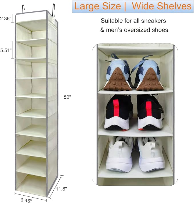 Large-Sized Hanging Shoe Organizer 10-Shelf, Sturdy Hanging Closet Organizer with 8 Side Pockets, Wider Hanging Shelves for Storage Shoes Clothes Jeans Shirts Toys, Beige