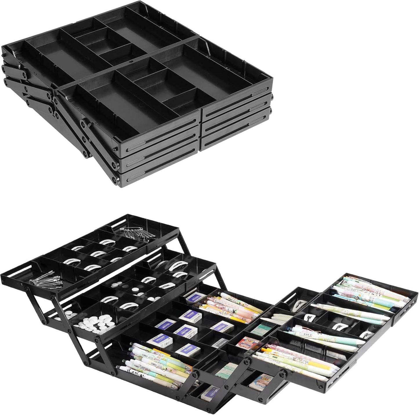 Aobiono Multi Level Smart Drawer Organizer, Multi Tier Expandable Storage Collapsible Foldable Trays for Jewelry, Cosmetics, Makeup, Tools, Battery (Black, Double Row - 3 Levels)