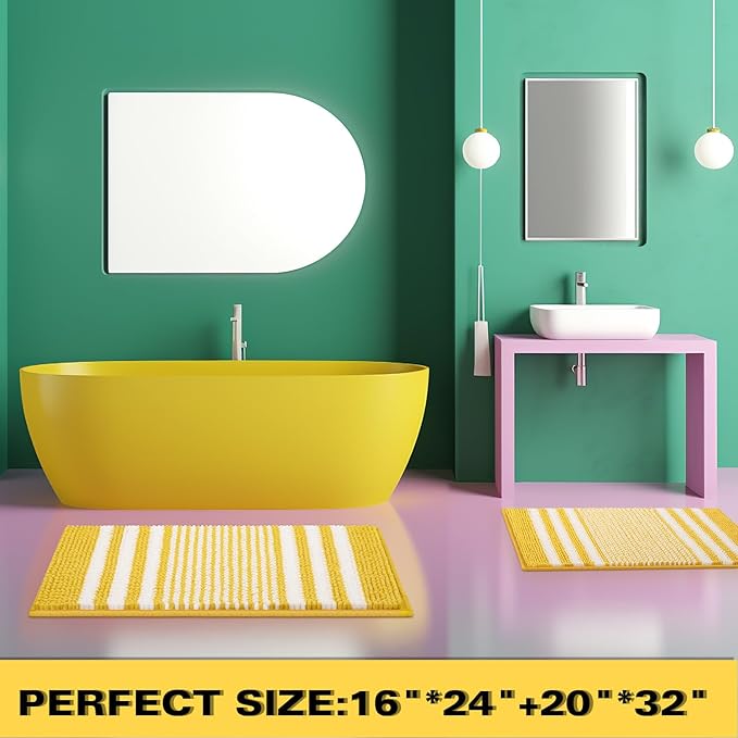 Tindbea Bathroom Rugs Set 2 Piece, Extra Soft and Absorbent Fluffy Striped Chenille Bath Mat Rug Set, Non Slip Bathroom Floor Mat, Machine Washable (20" x 32" Plus 16" x 24", Yellow)