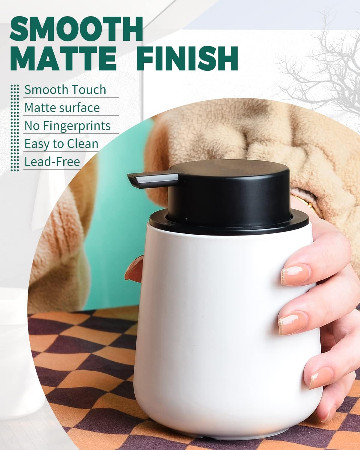 Bosilunlife Foam Soap Dispenser - 12Oz Matte White Ceramic Foaming Hand Soap Dispenser for Bathroom Refillable Liquid Kitchen Dish Hand Wash Dispenser Modern