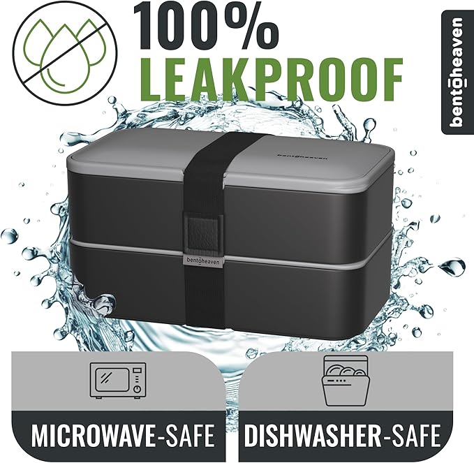 Bentoheaven Premium Bento Box Adult Lunch Box with Compartments for Women & Men, Set of Utensil & Chopsticks & Dip Container, Cute Japanese Kids Bento Lunch Box, Microwavable (Whispering Gray)