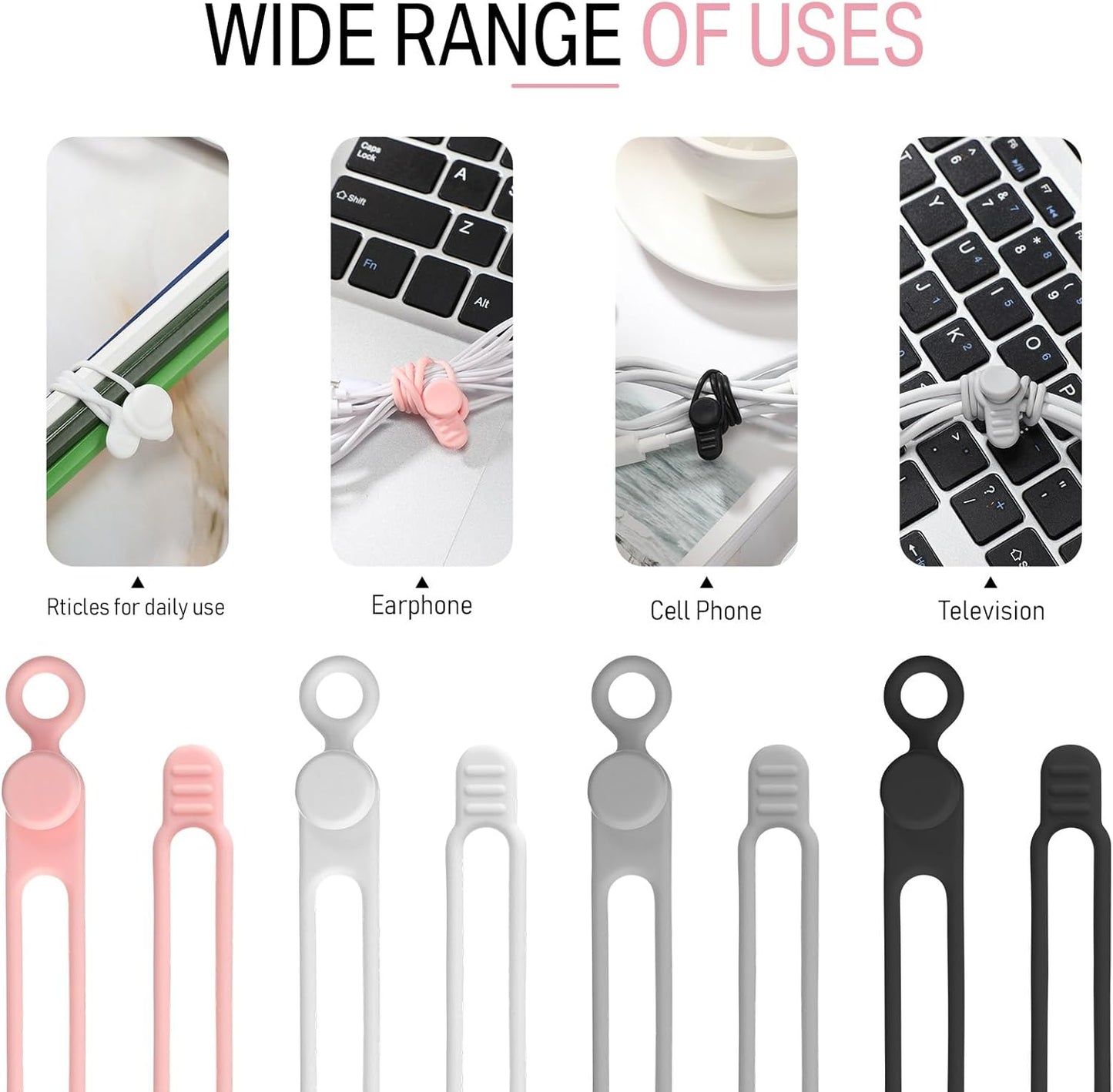 Nuanchu 40 Pcs Silicone Cable Ties Reusable Holder Adjustable Straps Multipurpose Charging Cable Organizer for Fastening Charging Cords Wires(4.17 Inch,Black, White, Gray, Pink)