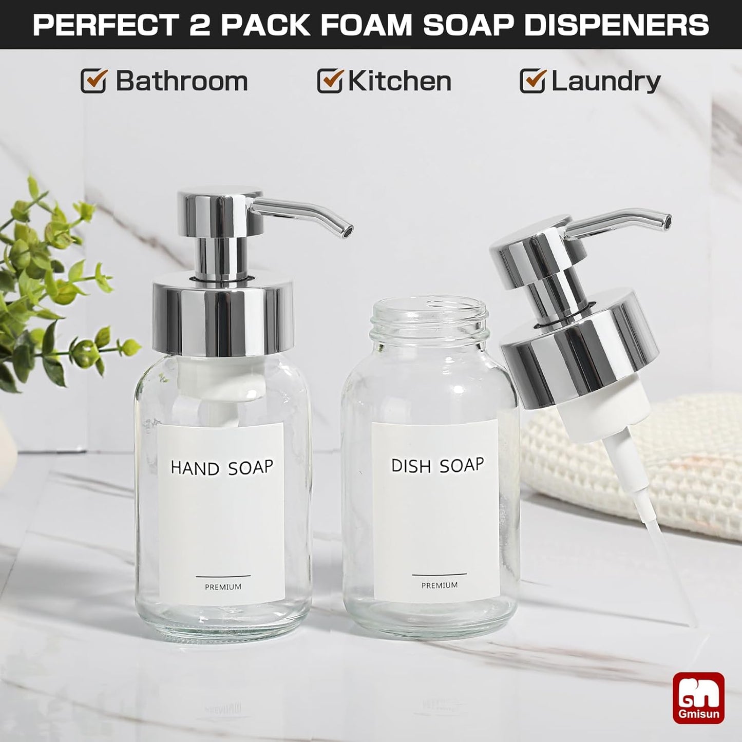 GMISUN Foaming Soap Dispenser, 2 Pcs 8.5 Fl oz Clear Glass Soap Dispenser, Modern Hand Soap Dispensers for Bathroom & Kitchen, Refillable Foam Soap Dispensers with Silver Pumps & Waterproof Labels