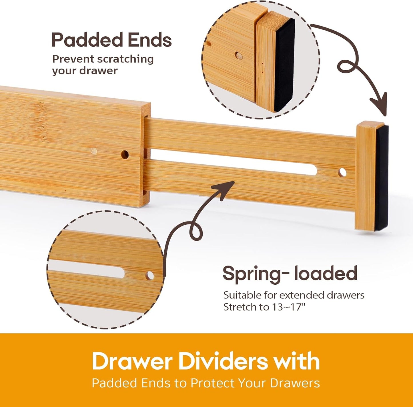 Bamboo Drawer Dividers Organizers, Kitchen Drawer Dividers for Clothes, Adjustable Drawers Separators for Dresser, Bedroom, Bathroom, Office, 4 Pack, 13“-17”
