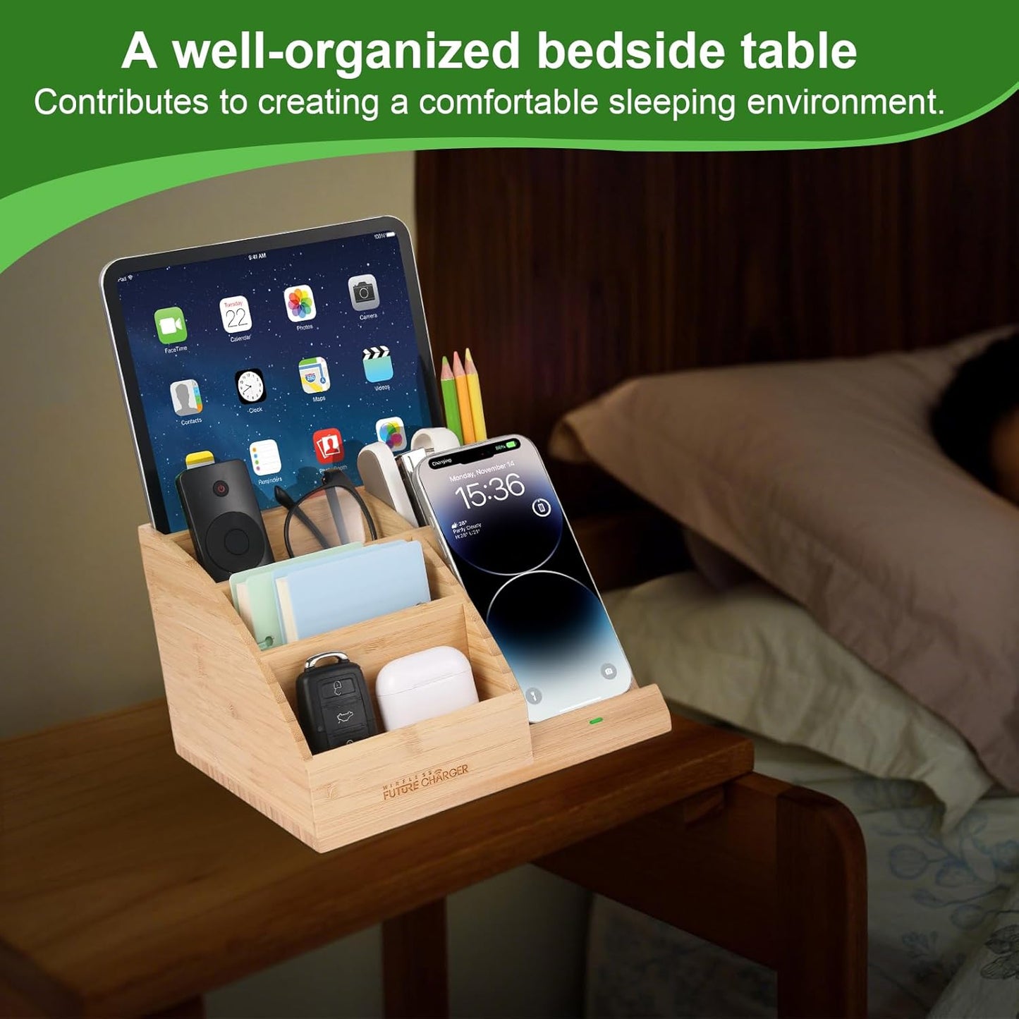 Bamboo Pen Holder for Desk & Nightstand Organizer with Fast Wireless Charging for iPhone, Samsung & More – Office Desk Accessories for Men/Women (Natural)