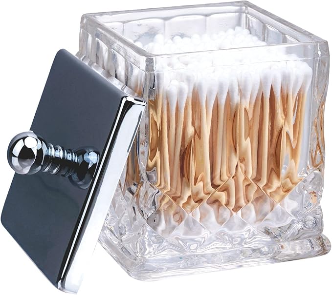 Qtip Holder,15Oz Clear Glass Apothecary Jars with Silver Lids for Bathroom Organization & Desk Storage,Thick Glass Apothecary Jars for Q-Tips,Cotton Rounds,Jewelry,Candy,Square