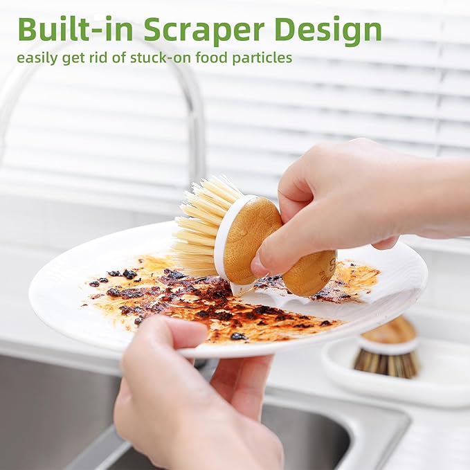 SUBEKYU Dish Brush, Bamboo Dish Scrubber Brush Set with Tray, Natural Kitchen Dishwashing Scrub Brush for Cleaning Dishes/Pans/Pots, Built-in Scraper, Natural Sisal + Palm Bristles, Set of 2