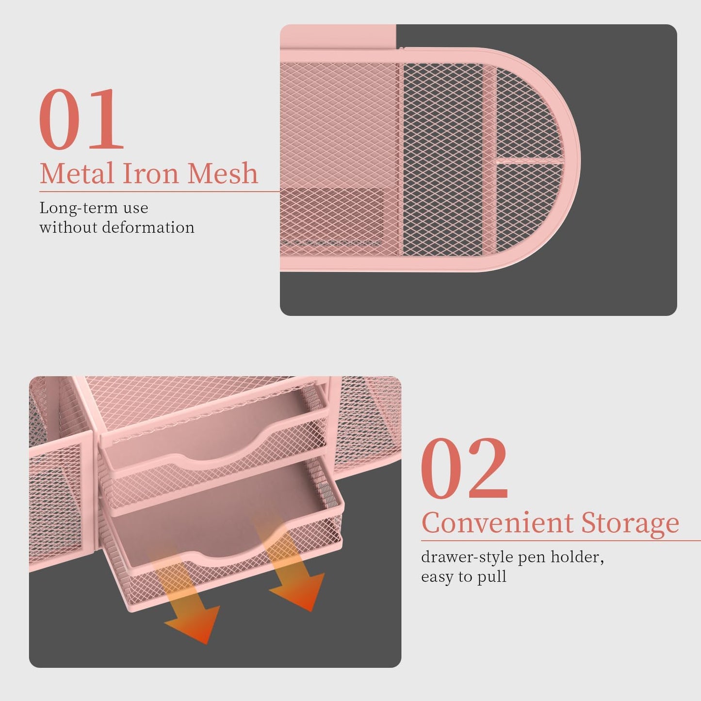 SUPEASY Mesh Desk Organizer, Desk Organizers and Accessories, Pen Holder with Drawers, Pencil Holder for Desk with 2 Drawer for Office Supplies, Pink