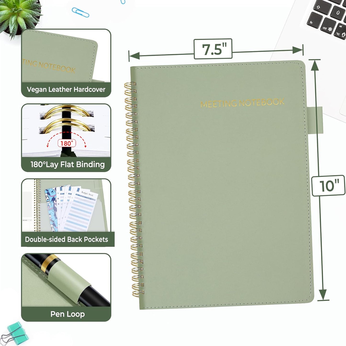 SUNEE Half Meeting Half Note - 7.5"x10" Professional Notebooks for Work - 160 Pages, B5 Size Project Planner, Spiral Meeting Agenda Organizer for Women Men, Note Taking,Office with Vegan Leather Cover