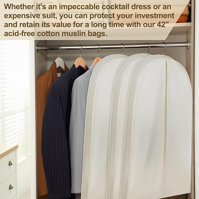 50 Inch Acid Free Cotton Muslin Suit Garment Bag Long Dress Suit Storage Box Closet Organizer for Suits, Coats, Travel Bag