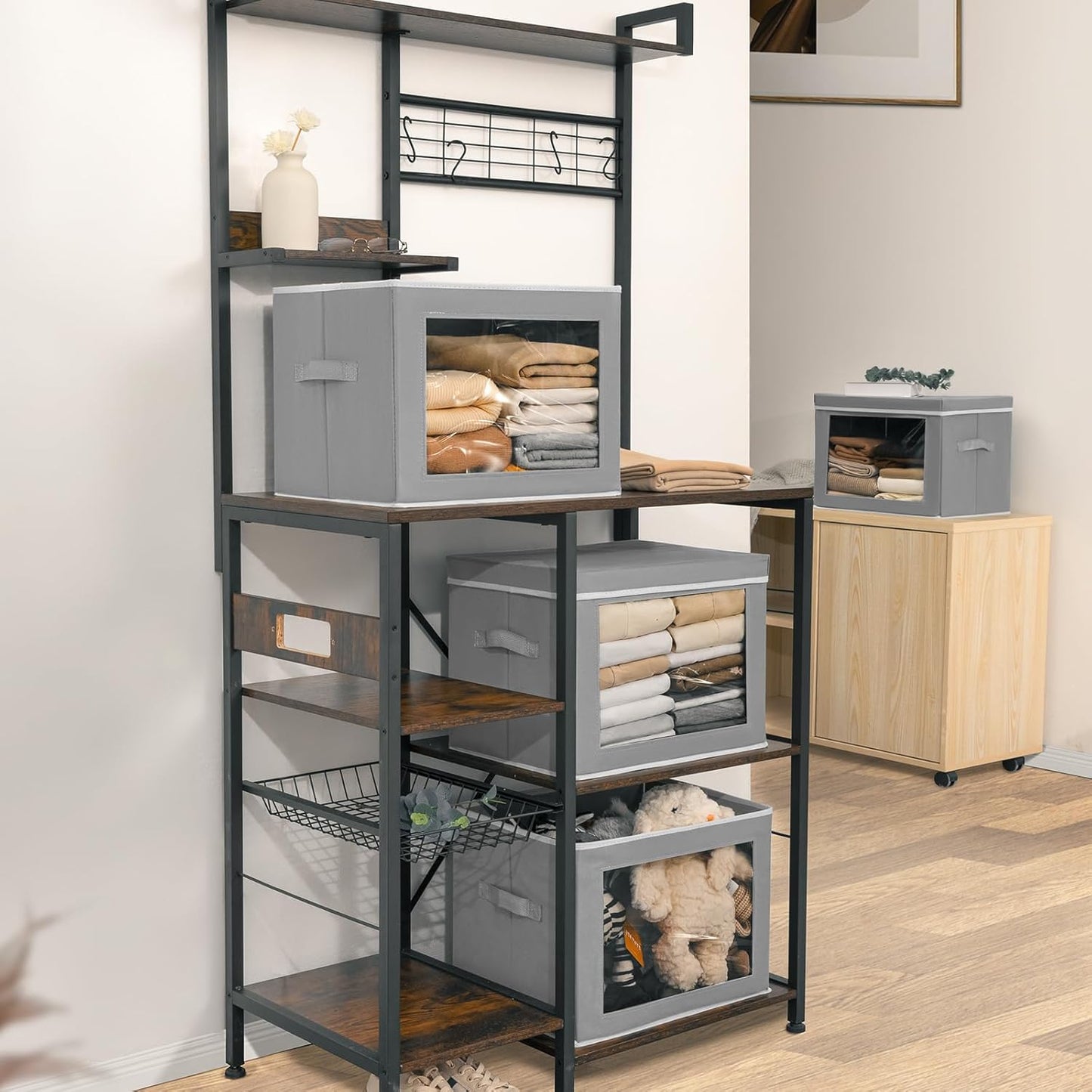 Stackable Storage Bins with Lids - Large Decorative Basket with Lids, Fabric Foldable Closet Organizer Bins, Shelf Organizer for Living Room, Dorm, 5 Pack, Grey