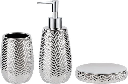 Silver Bathroom Accessories Set 3 Piece, Soap Dispenser, Toothbrush Holder and Soap Dish, Wave Design Stylish Elegant Ceramic Bathroom Decor