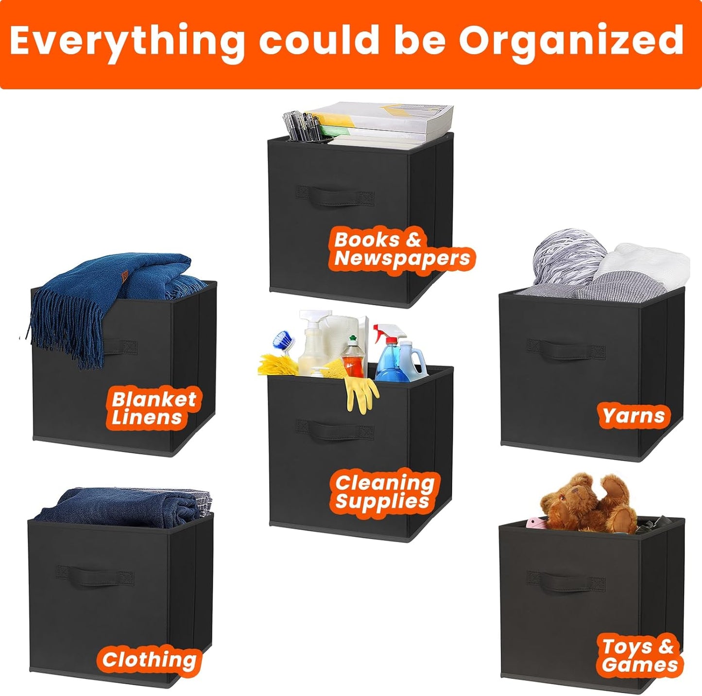 Criusia Storage Cubes, 11 Inch Clothes Storage Bins for Shelves Closet (10 Pack), Fabric Collapsible Storage Bins with Dual Handles, Cubby Storage Baskets Boxes, College Dorm Room Essentials (Black)