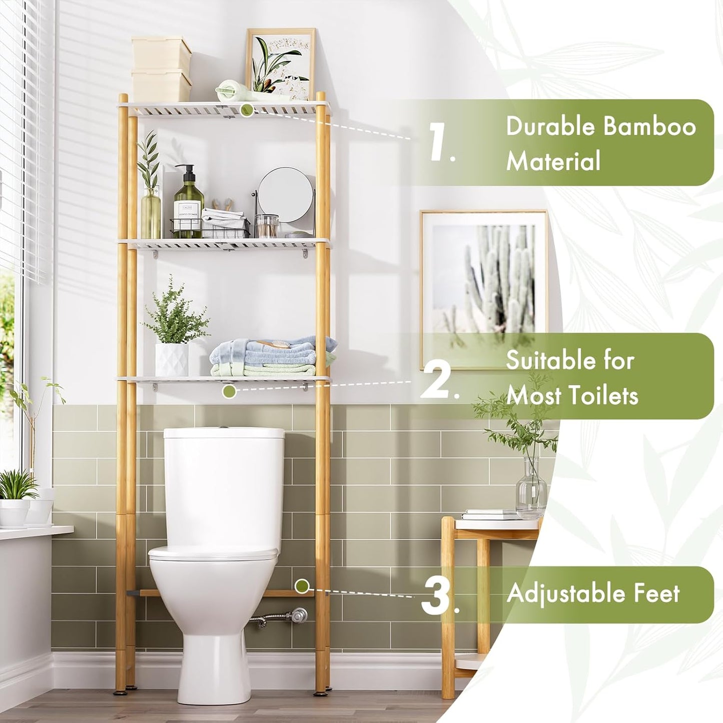 AmazerBath Bamboo Over The Toilet Storage Shelf, Bathroom Storage Organizer Rack, 3-Tier Bathroom Shelves Space Saver, White and Natural Color