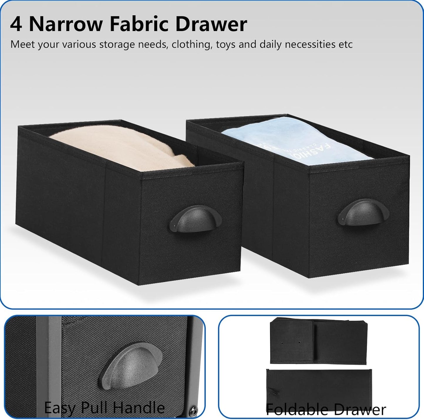 MOOACE Narrow Dresser Storage Tower with 4 Drawers, Slim Dresser Chest of Drawers, Vertical Small Fabric Dresser Standing, Wood Top Organizer for Bedroom, Bathroom & Laundry, Black/Brown