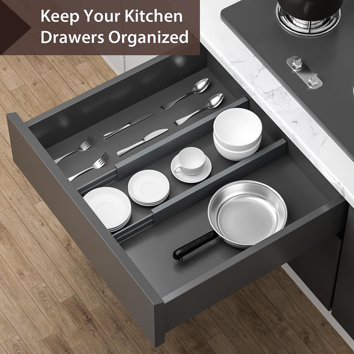 4 PCS Drawer Divider, 17"-22" Adjustable Bamboo Drawer Dividers Organizers, Expandable Separators for Kitchen, Clothes, Dressers, Home, Office, Gray