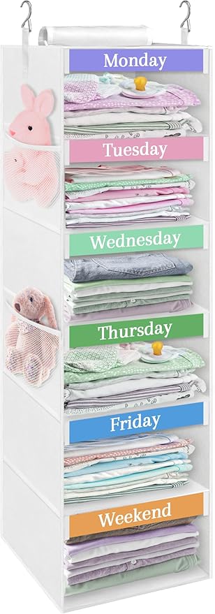 punemi Weekly Clothes Organizer for Kids, 6-Shelf Hanging Closet Storage with Side Pockets, Days of The Week Design, 11.8" x 11.8" x 37.8", Perfect for Organizing a Week's Worth of Kids' Clothing