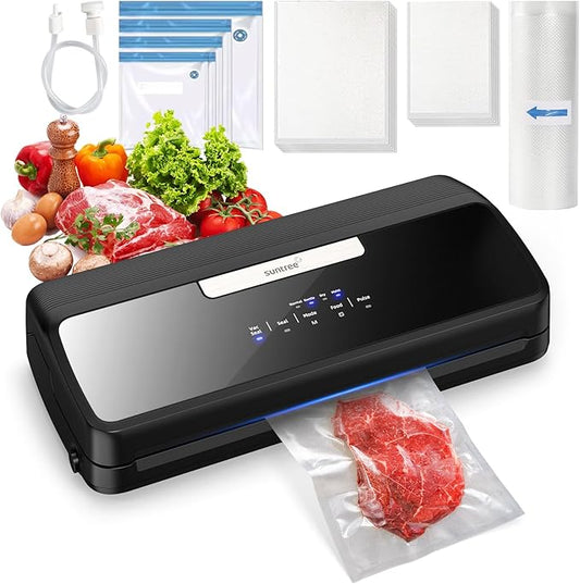 Vacuum Sealer Machine, 90Kpa 7-IN-1 Vacuum Sealer for Food Dry/Moist/Gentle Mode with Build-in Cutter and Storage, Food Vacuum Sealer Machine Tempered Glass Panel with Vacuum Bags, Vaccum Hose