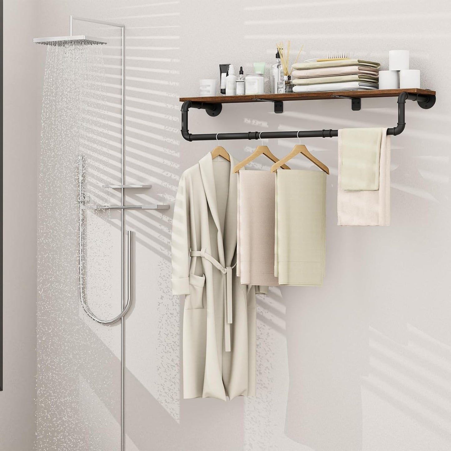 Industrial Pipe Clothing Rack with Top Shelf, Closet Poles for Hanging Clothes, Heavy Duty Iron Garment Racks Wall Mounted, 41.3x10.2x5.9 Inch, Black