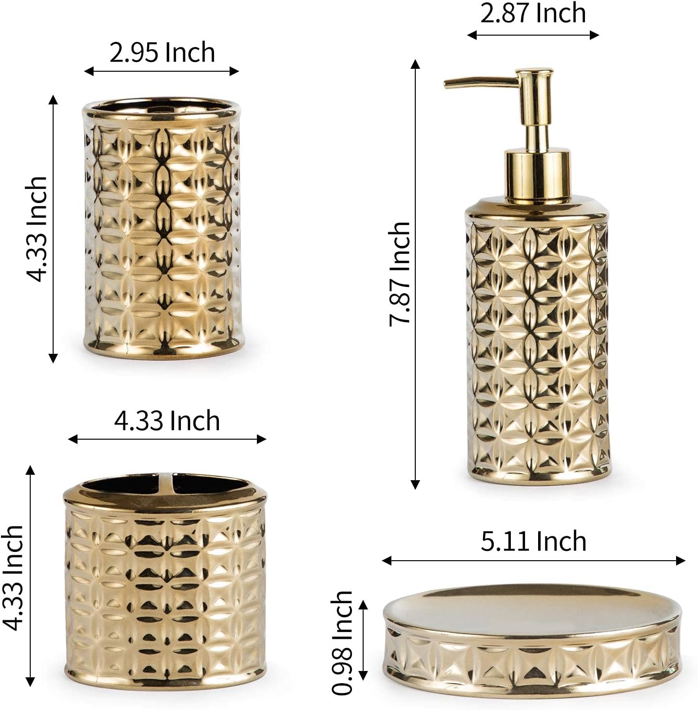 Gold Bathroom Accessory Set, 4-Piece Ceramic Bathroom Decorations Accessories Sets Includes Lotion Dispenser, Toothbrush Holder Tumbler and Soap Dish