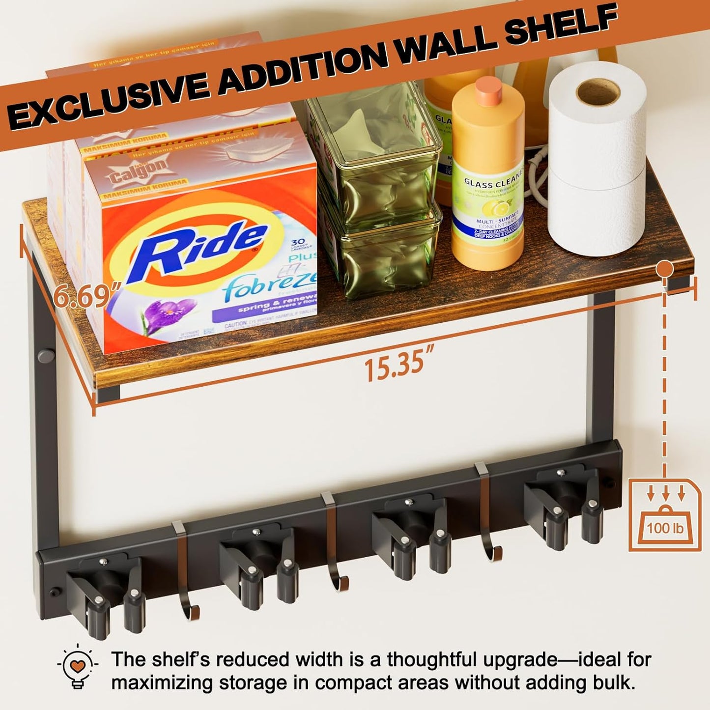 Broom Holder Wall Mount with Cleaning Supplies Organizer, Laundry Room Organization and Storage Shelves, Mop Hanger Broom Rack with Hooks, Home Improvement Kitchen Shelf Garage Organizer