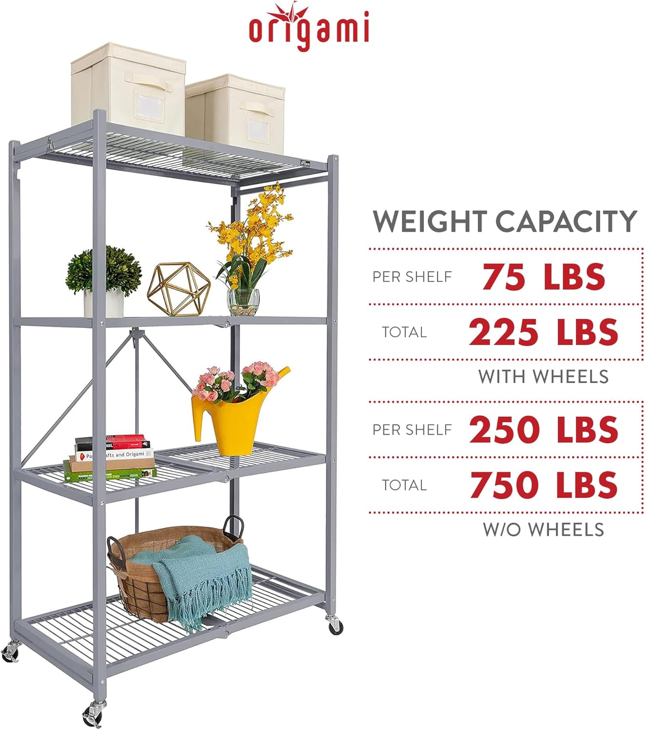 Origami 4-Tier Storage Shelves on Wheels, Steel Shelving Holds 1000 pounds, Heavy Duty Garage Storage & Organization, Closet Organizer, Utility Shelf