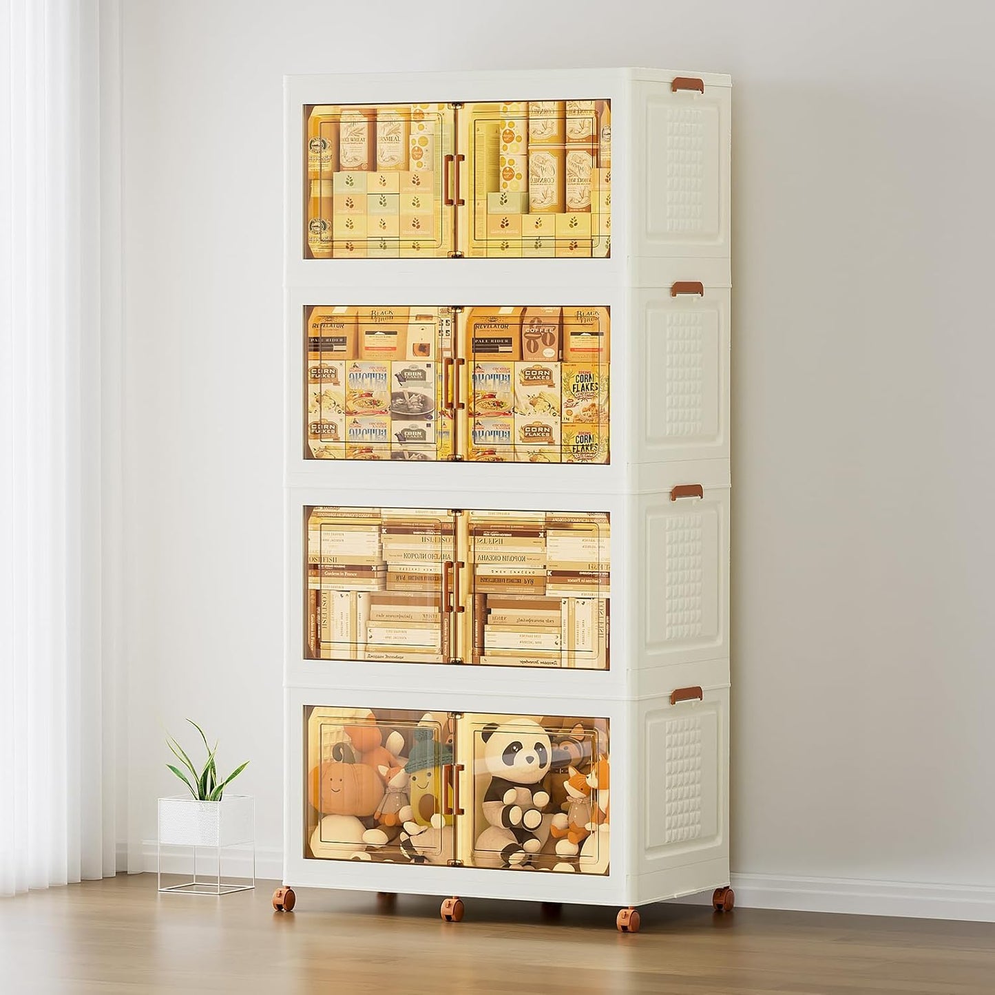 JEKO&JEKO 800Qt Foldable Storage Bins with Lids, Doors & Dividers, Stackable Plastic Drawers with Wheels for Home, Closet & Garage Organizer, 4 Pack, Cream