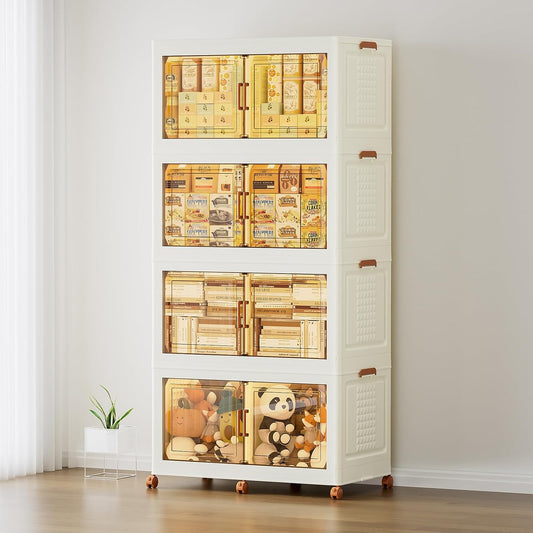 JEKO&JEKO 800Qt Foldable Storage Bins with Lids, Doors & Dividers, Stackable Plastic Drawers with Wheels for Home, Closet & Garage Organizer, 4 Pack, Cream