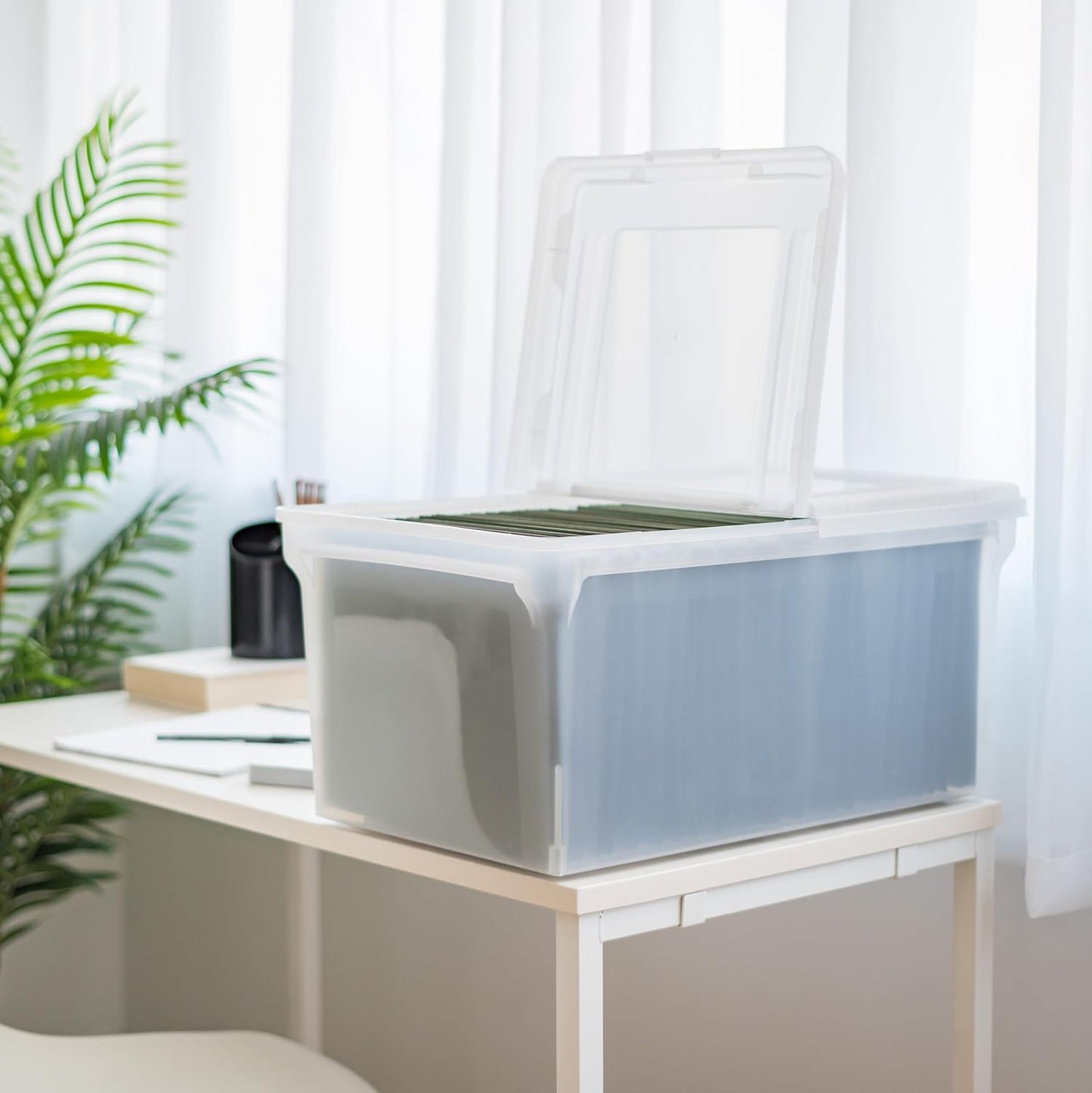 IRIS USA File Box File Organizer w/Hinged Split Latching Lid for Letter/Legal File, Water Resistant Document Box, BPA-Free, Plastic Storage Bin Tote Organizer, Stackable, Nestable, Clear 44 Qt. 5Pack