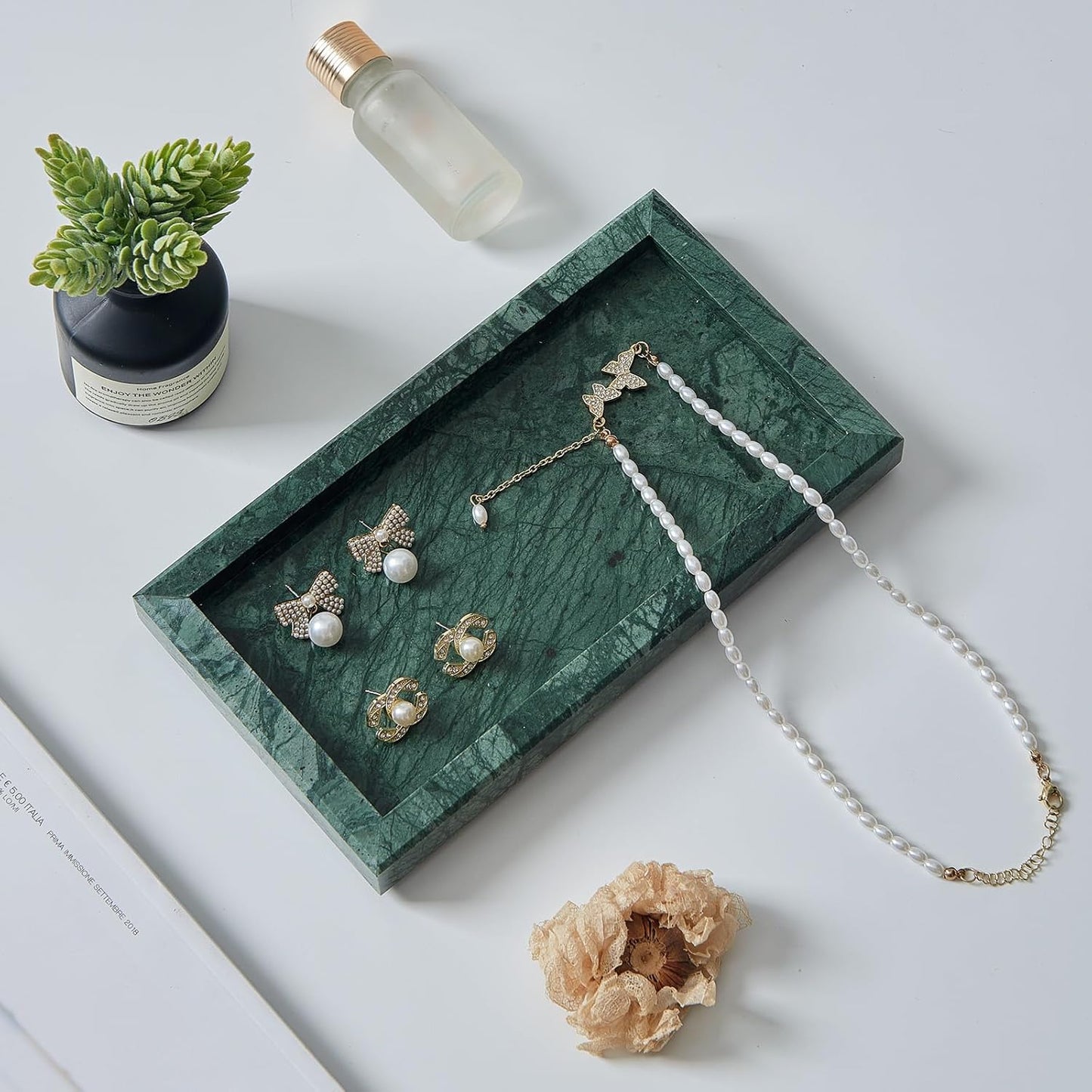 Natural Small Marble Vanity Tray, Luxury Stone Organizer for Bathroom & Kitchen | Holds Soap Dispenser, Jewelry, Perfume | Non-Resin, Non-Ceramic Décor