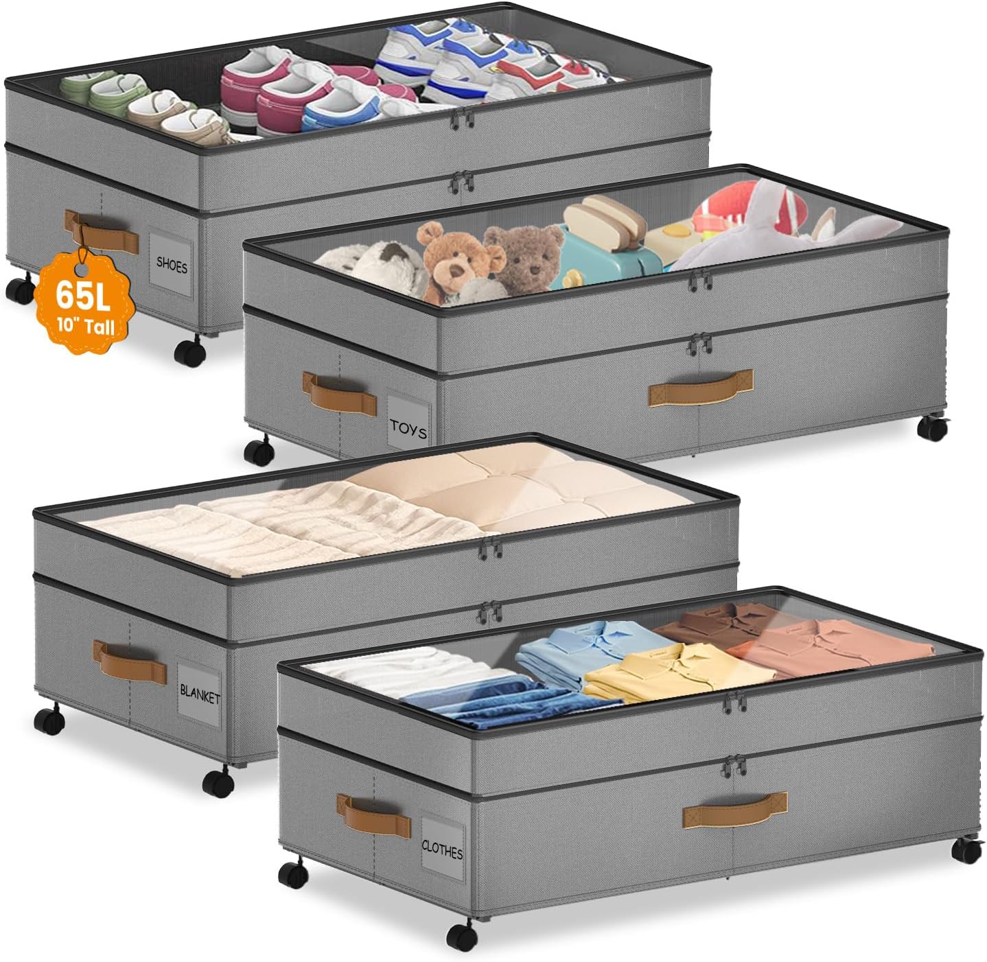 4 Pack Under Bed Storage with Wheels, Adjustable Height Storage Containers, 10 inches Large Capacity Rolling Underbed with Lids, Storage Drawers Shoes, Clothes, Blankets, Grey