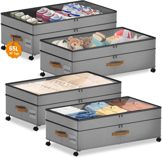 4 Pack Under Bed Storage with Wheels, Adjustable Height Storage Containers, 10 inches Large Capacity Rolling Underbed with Lids, Storage Drawers Shoes, Clothes, Blankets, Grey
