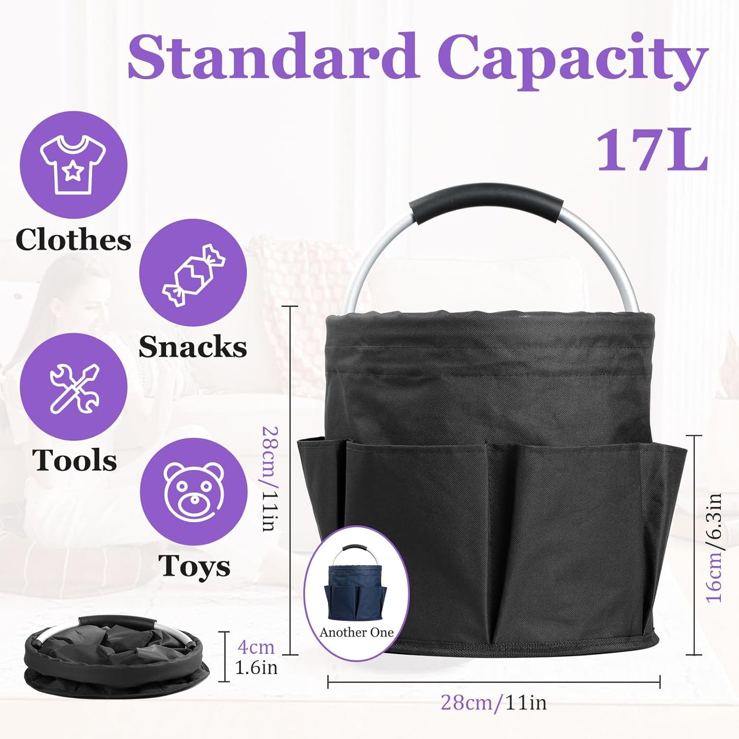 17L Bucket Tool Organizer with 6 Side Pockets, 2Pcs Collapsible Cleaning Caddy with Handle, Folding Gardening Tool Bag, Multifunctional Storage Basket for Garden, Bathroom, Black + Navy Blue