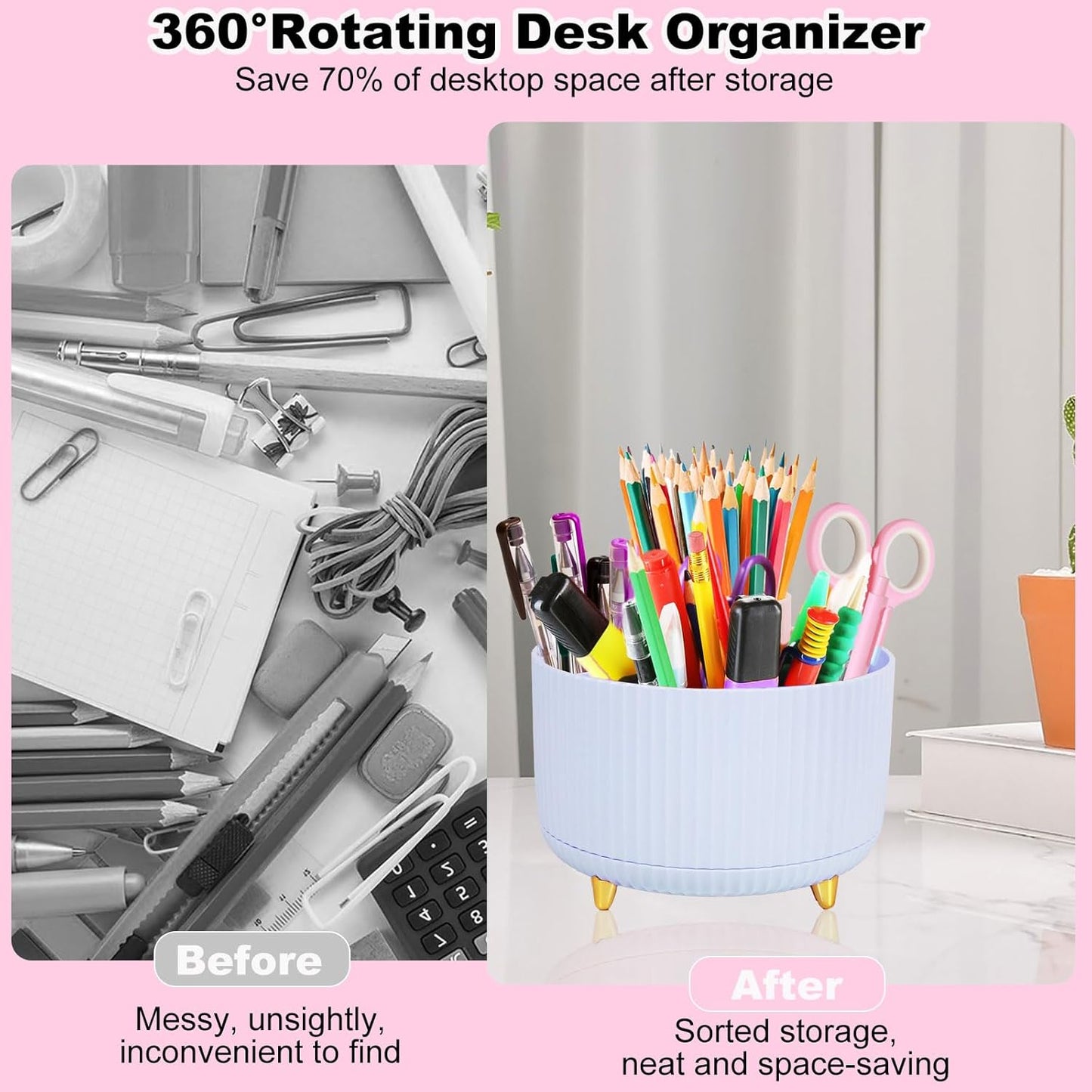 Desk Organizers and Accessories Set with 360-Degree Rotating Pen Holder, Tape Dispenser, Stapler, Staple Remover, 1000 Staples, Tape, Clips Set, Ruler, Scissor, Pen