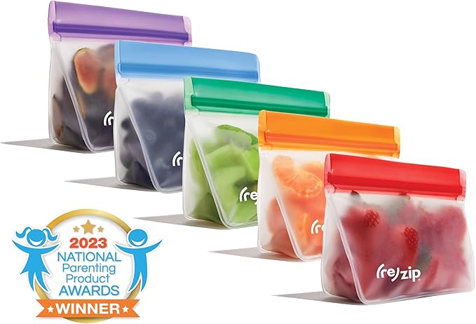 (re) zip 5-pack Stand-Up Reusable Bags | BPA-Free, Food Grade, Leakproof, Freezer and Dishwasher Safe | 5 Snack-Size Bags (1-Cup / 8-Oz) | Jewel Tones for Easy Organization