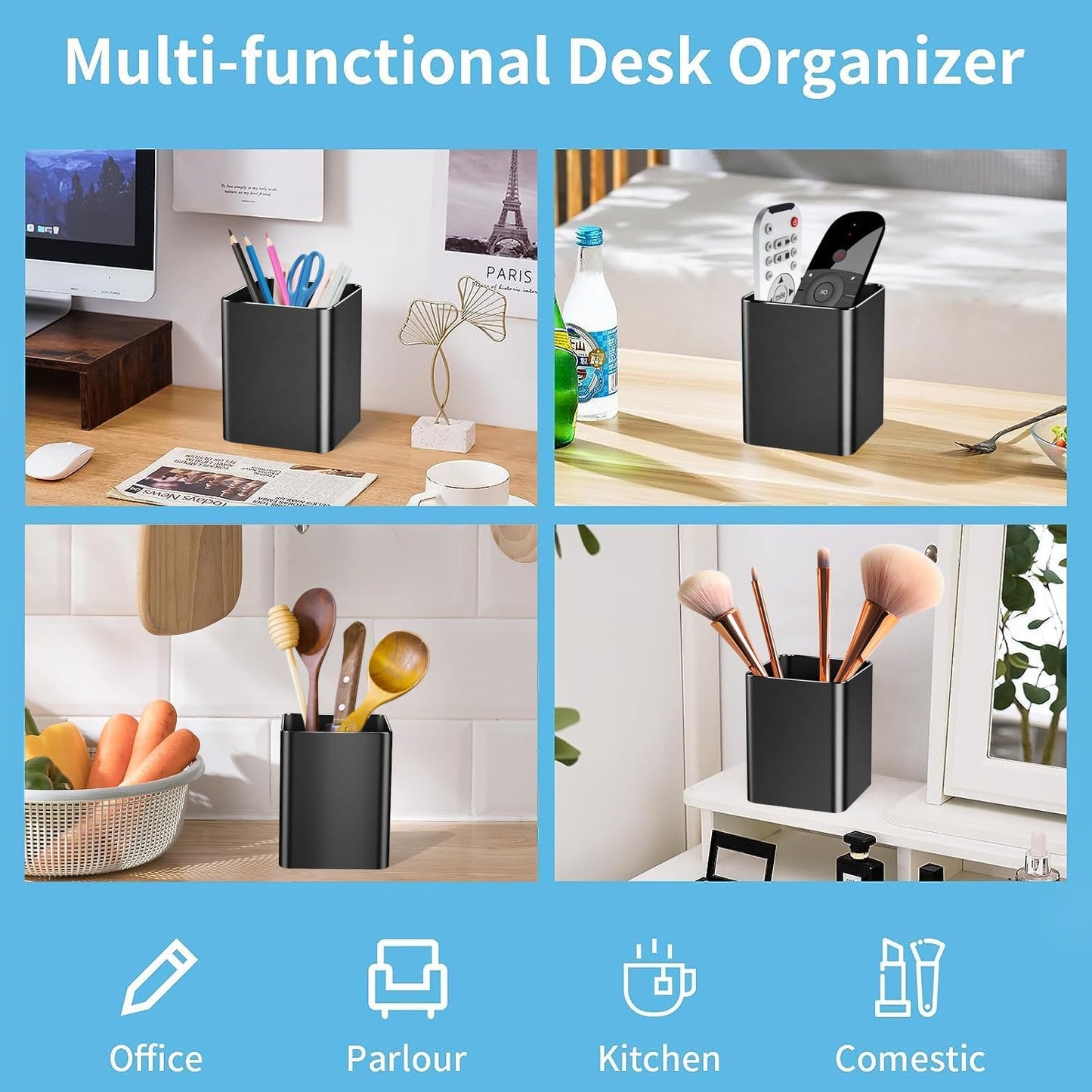 Pen holder,square pen cup, Metal pen pencil holder, desktop pencil cup stationery organization office desktop accessories, suitable for office, school, home and stationery supplies. (Black)