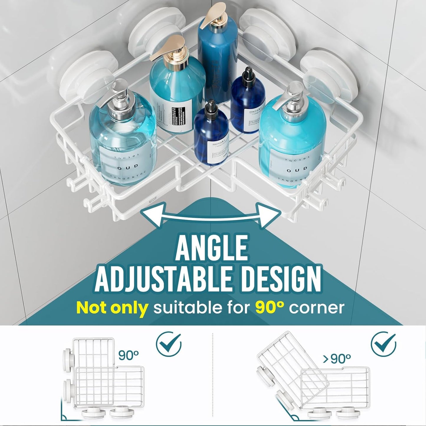 TAILI Corner-adaptive Suction Cup Shower Caddy 2 Pack, Stainless Steel Rustproof Corner Shower Shelves, Drill-Free Wall Mounted Baskets, Large Capacity Removable Suction Cup Bathroom Organizer, White