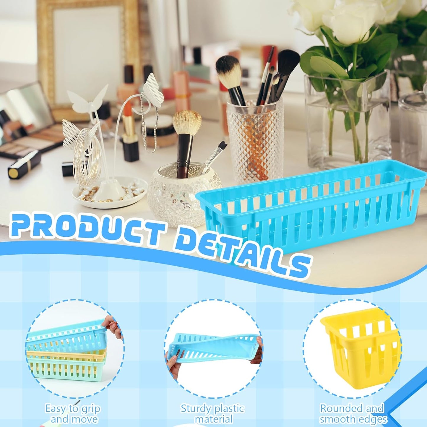 6 Pcs Colorful Slim Plastic Storage Baskets Tray 10 x 3 x 2.5 Inch Compact Stackable Desk Organizer for Office, Classroom, School Supplies, and Home Storage, Organization(Colorful)