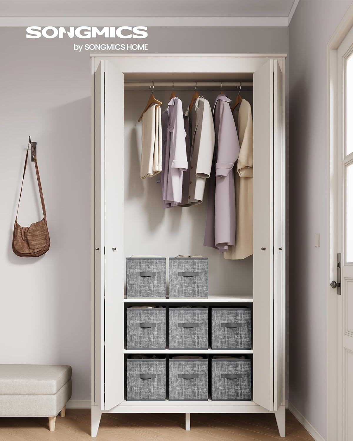 SONGMICS Storage Cubes, 10.2 x 10.2 x 11 Inches Non-Woven Fabric Bins with Double Handles, Set of 8, Closet Organizers for Shelves, Foldable, for Clothes, Cattail Gray UROB826G01