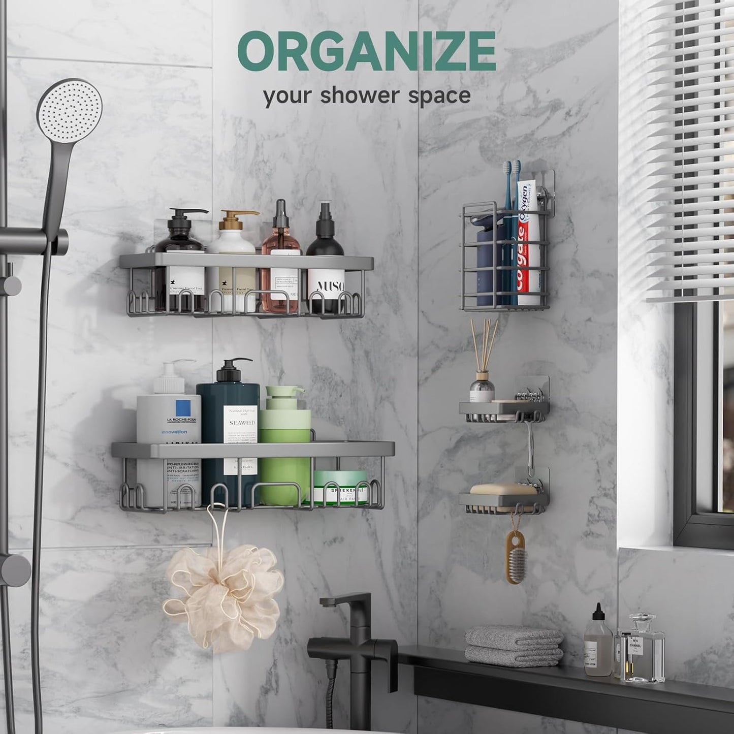 Veken Adhesive Shower Caddy 5-Pack,Heavy Weight Bearing,Large Wall Mounted Shower Shelves Rack,Organizer Storage Accessories with Soap Dish&Toothbrush Holder,Ideal for Bathroom,Home&Kitchen,Light Grey