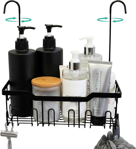 Heavy-Duty Black Hanging Shower Caddy with Rotatable Hooks and Adhesives - Rust-Proof 304 Stainless Steel - Bathroom Caddy for Organizing Your Shower Essentials