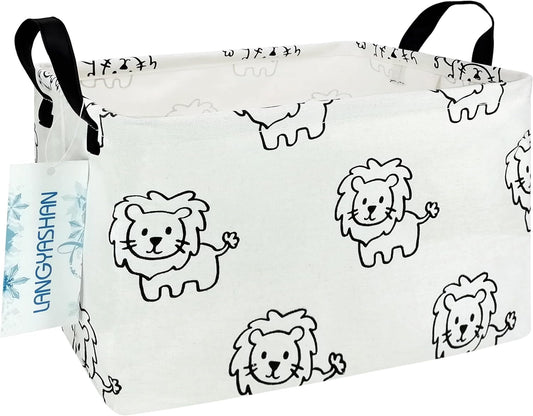 LANGYASHAN Rectangular Storage Bin Collapse Canvas Fabric Cartoon Storage Basket with Handles for Organizing Home Kitchen Boys and Girls Toys Office Closet Shelf Baskets (Rec lion)