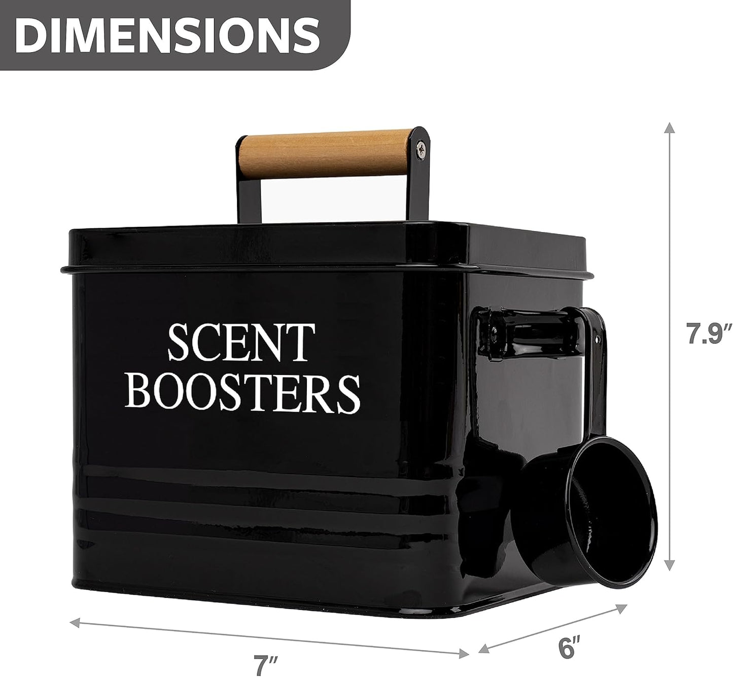 Calindiana Modern Farmhouse Metal Laundry Scent Booster Beads Dispenser Container with Scoop for Laundry Room Decor and Accessories and Space Saving Laundry Room Organization and Storage, Black