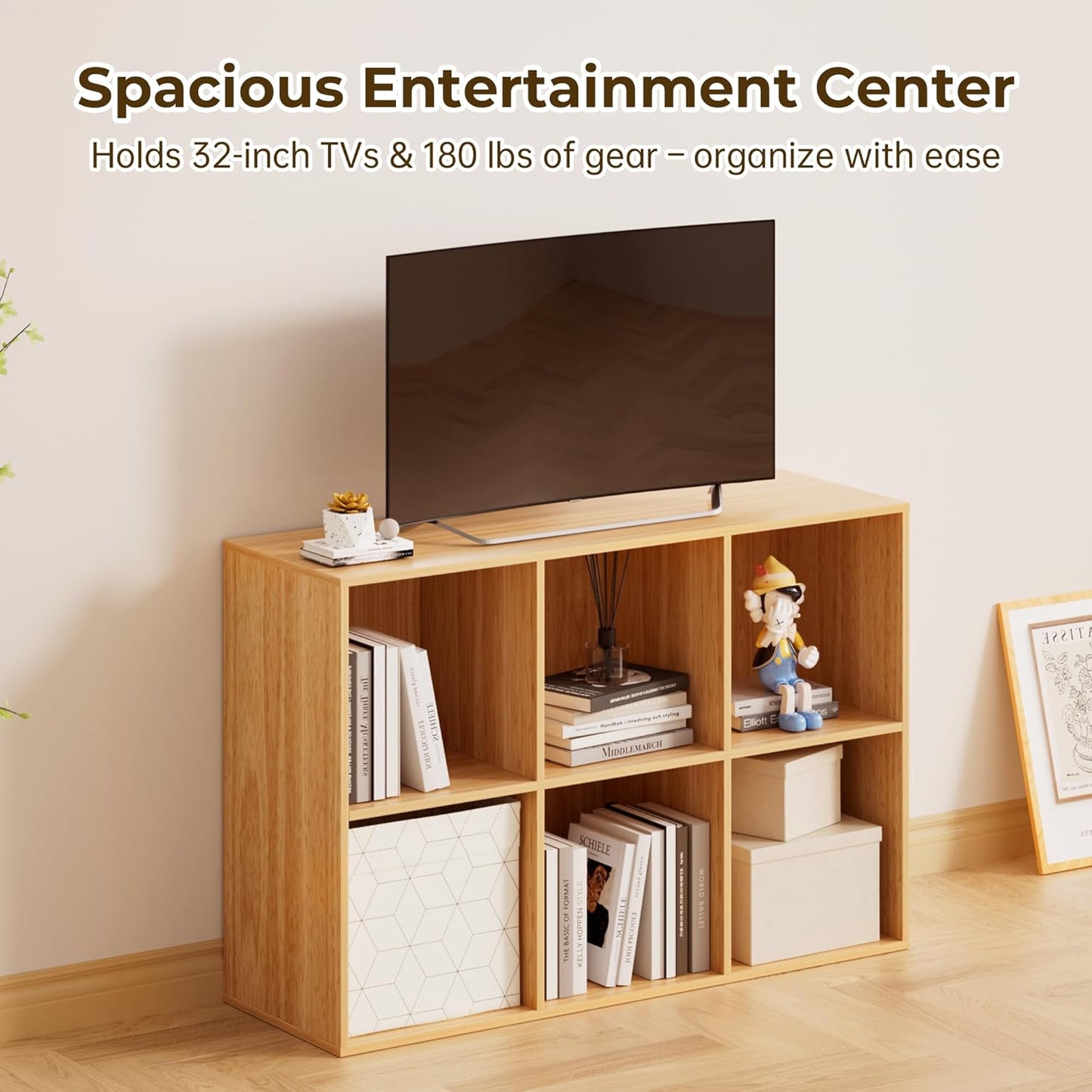 Cube Storage Organizer with Back Panel, 11" x 11" Cubby Shelf, Bookshelf for Home Office, Living Room, Bedroom (Natural, 6-Cube)