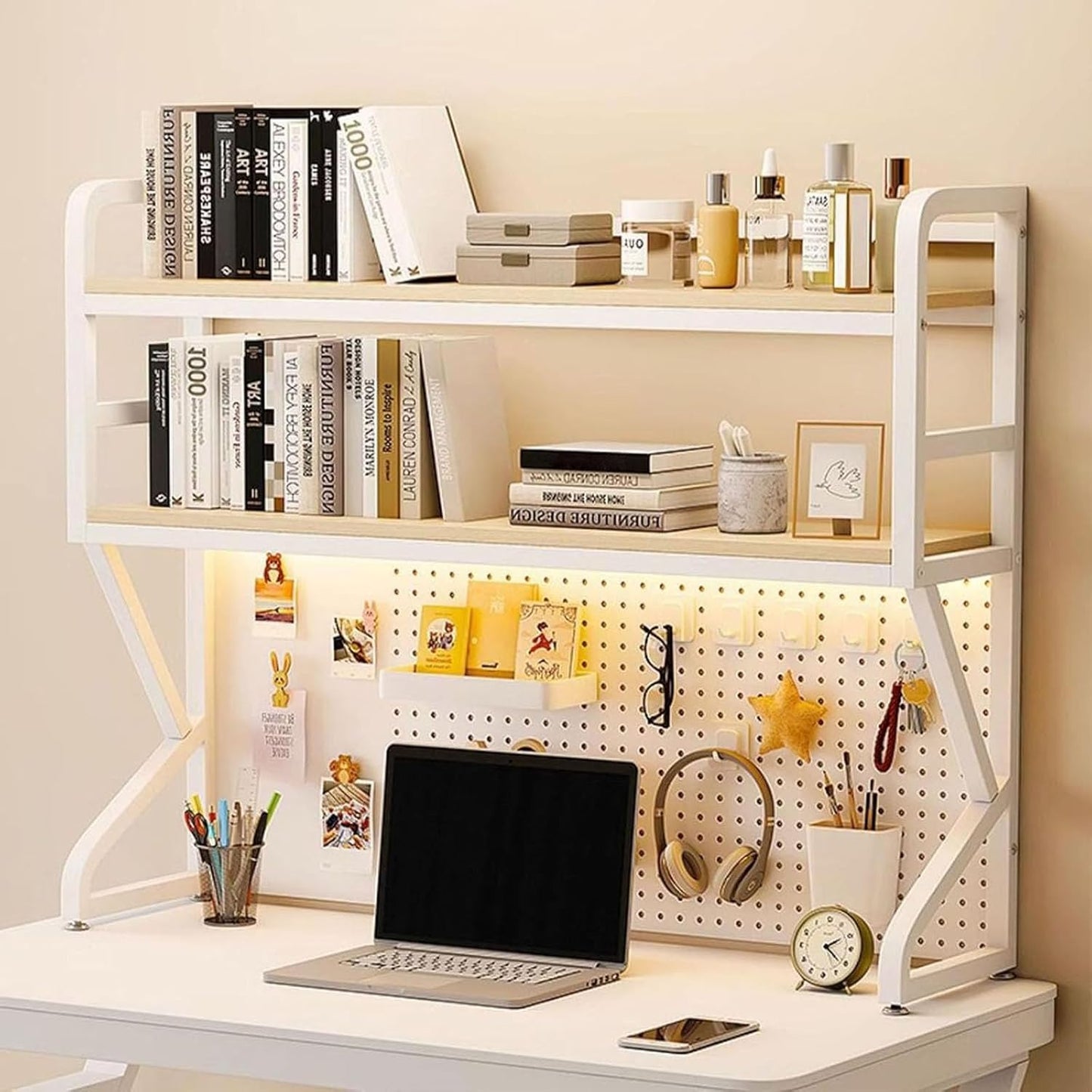 Modern Pegboard Storage Display Rack, Metal Desktop Organizer Rack,for Home Office Dorm Furniture Wood Hutch Bookcase